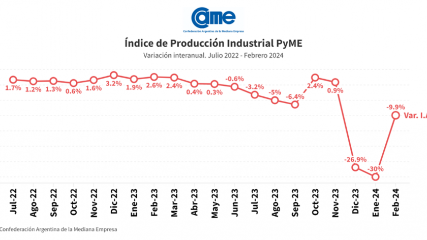 Informe CAME: La industria pyme cayó 9,9% anual en febrero